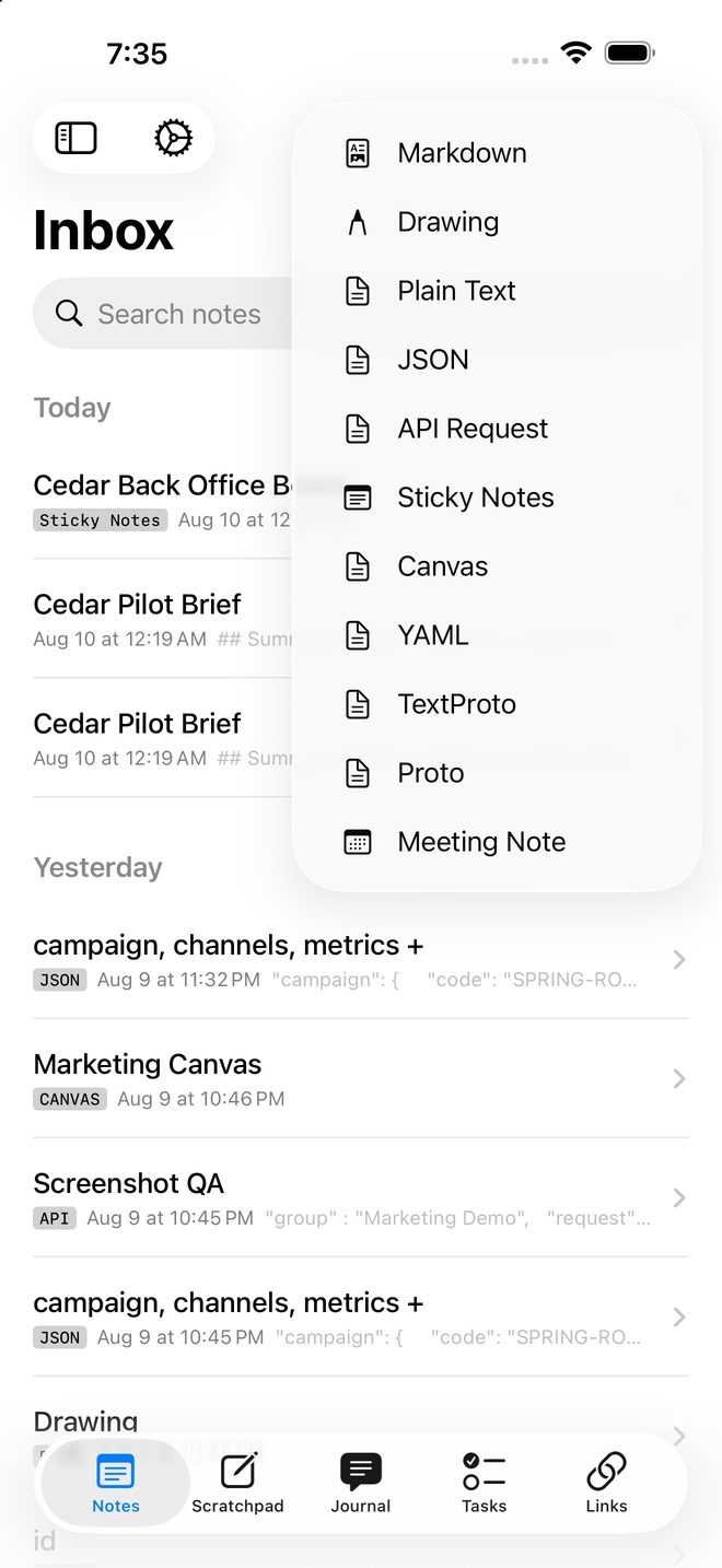 The new‑note menu listing every note type