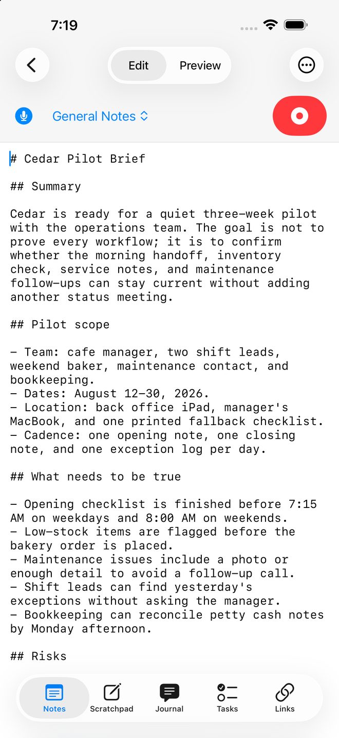 Markdown note being edited