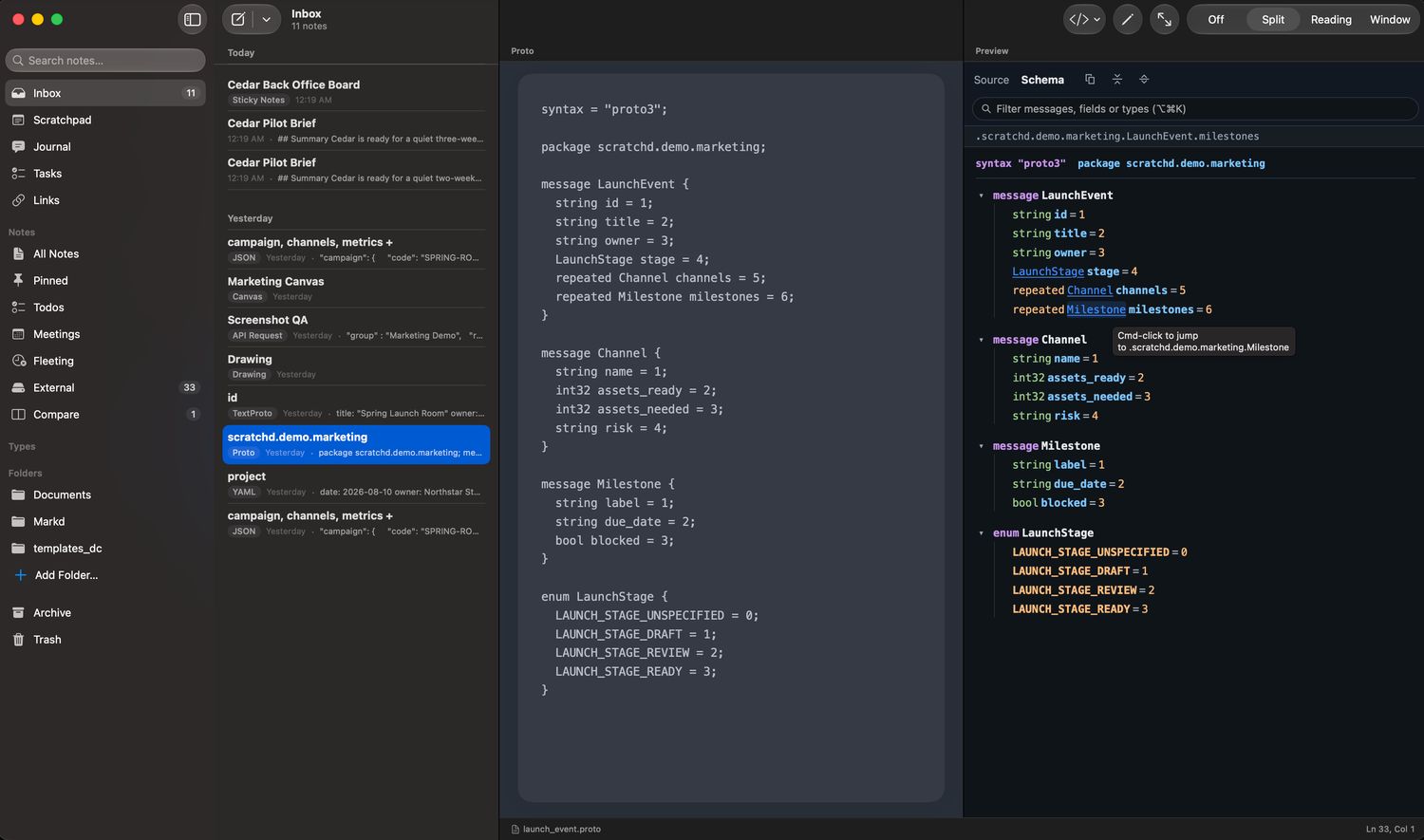 Proto schema viewer with go‑to‑definition